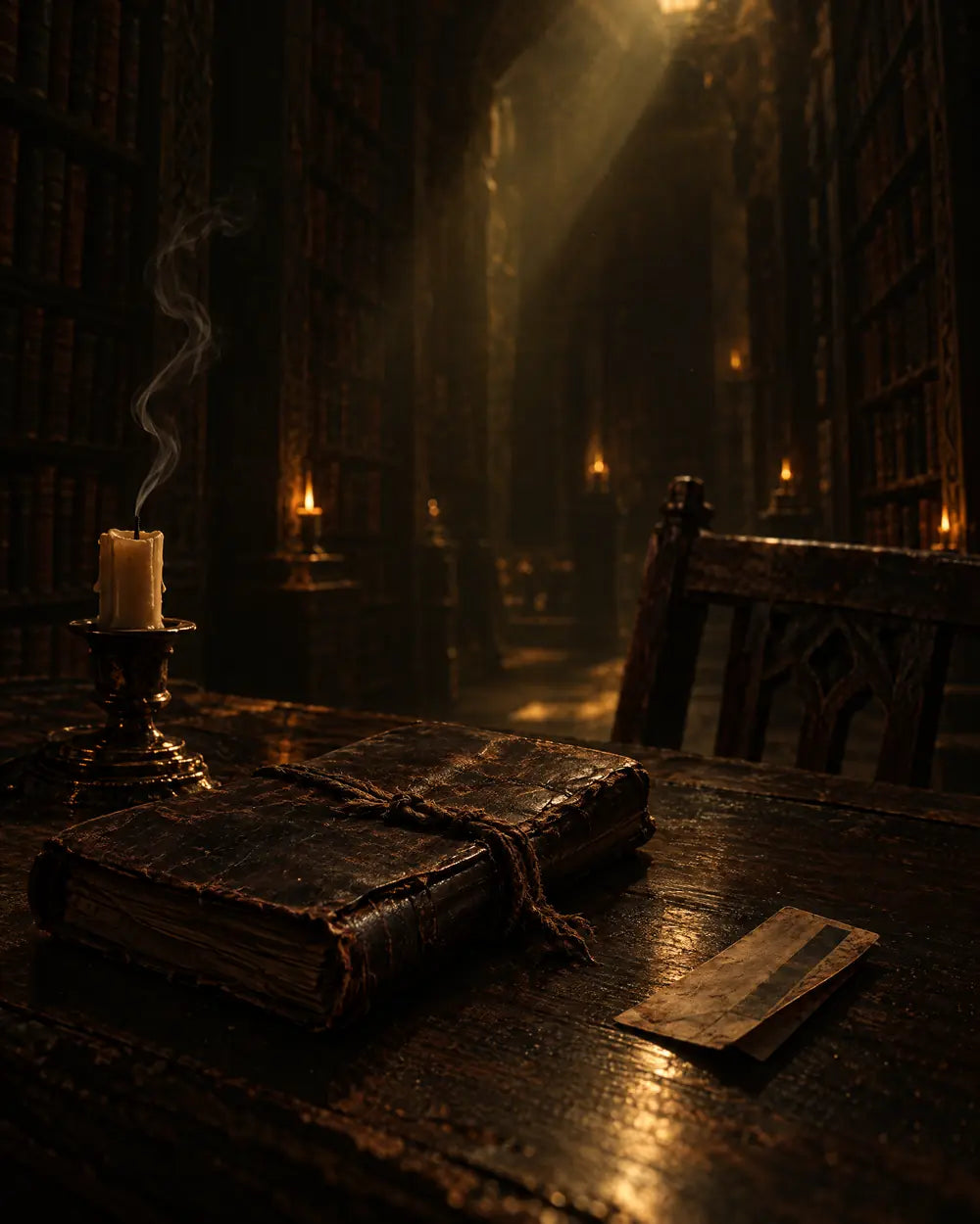 An old journal tied shut on a desk beside a blown-out candle and an empty chair