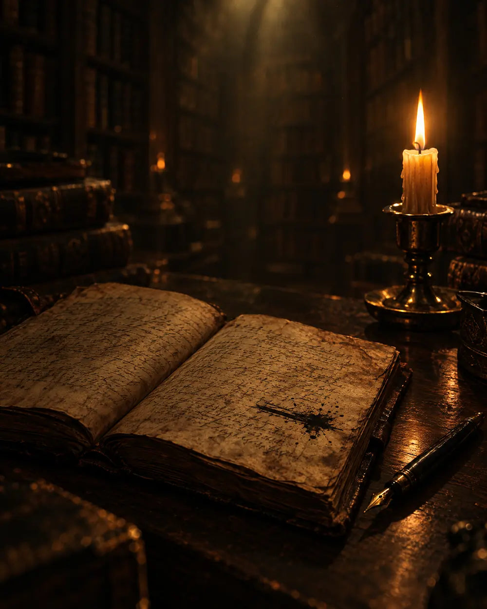 An old journal open on a desk, one line in the margin blotted out with ink