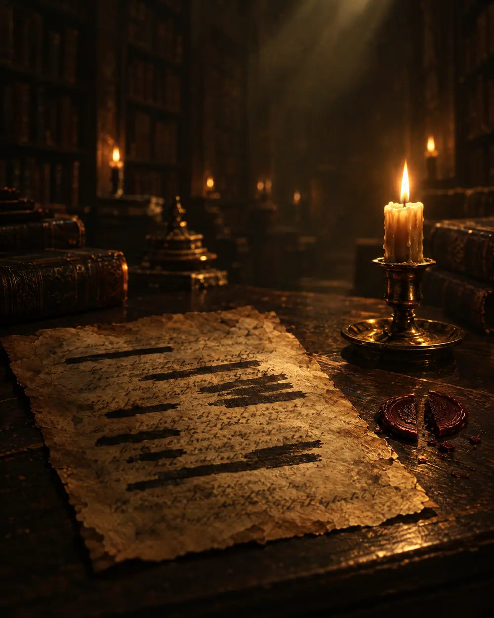 An old document with lines blacked out, beside a candle