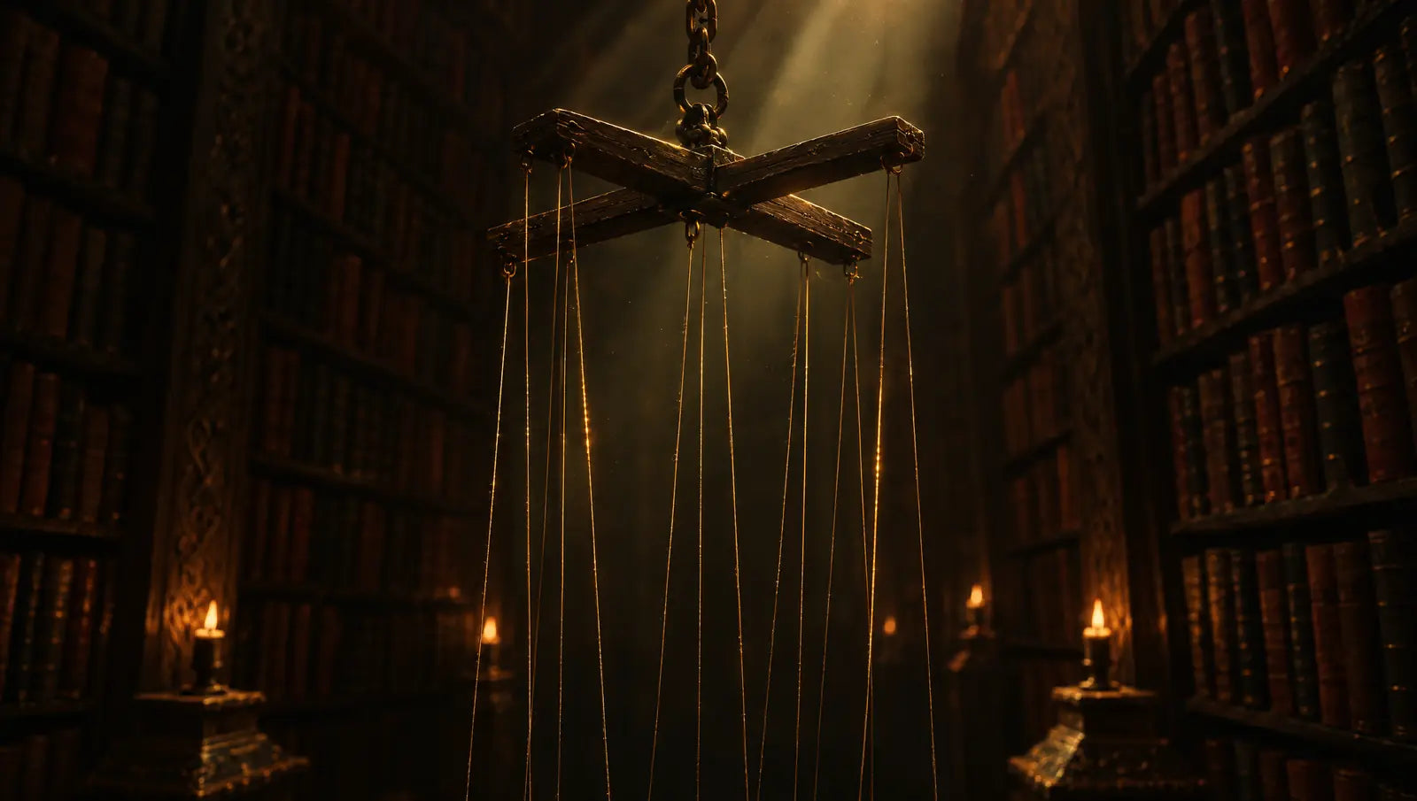 A marionette control hanging in a dark library, its strings running down into shadow